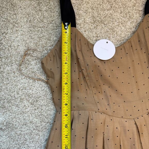 En Crème Polka Dot Shoulder Tie Pleated Wide Leg Jumpsuit: Light Brown / M - Picture 11 of 16